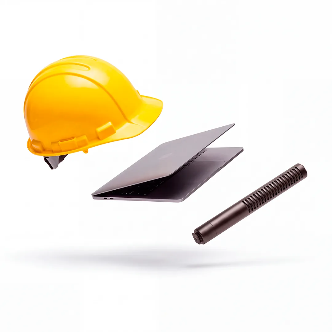Casco da cantiere, computer portatile e strumento tecnico sospesi